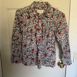 THE GREAT. White Floral Button-Up Blouse with Red Roses